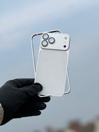 Front view of Silver Convertible Metal Case for iPhone 17 Pro Max with precise cutouts and slim design