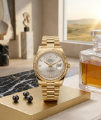 Premium gold luxury watch with fluted bezel and chain strap stylish design